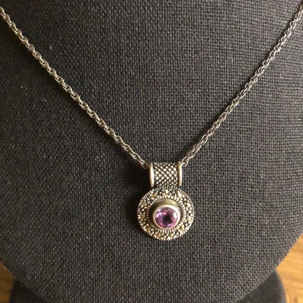 Vintage Amethyst Marcasite .925 Necklace - Picture 1 of 6